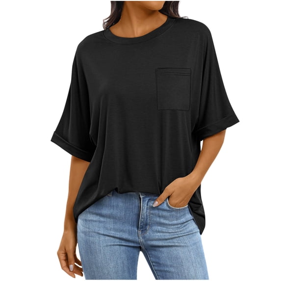 Lenpel T Shirts for Women Fashion Crew Neck Half Sleeve Casual Loose Summer Tops Tunic Tee Blouses with Pockets