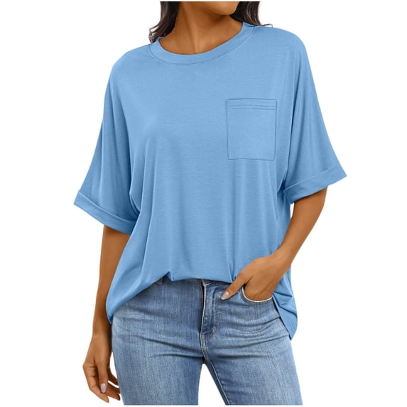 Lenpel T Shirts for Women Fashion Crew Neck Half Sleeve Casual Loose Summer Tops Tunic Tee Blouses with Pockets