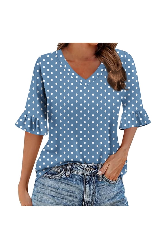 T Shirts for Women Trendy Casual Ruffle 3/4 Length Sleeve V Neck Graphic Printed Tunic Tops Loose Tee Blouses