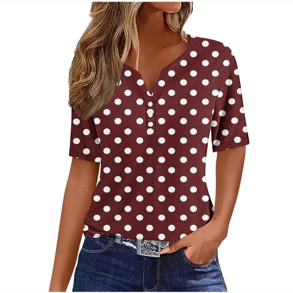 Lenpel T-Shirts for Women Trendy Short Sleeve Quarter Button V Neck Printed Tunic Tops Summer Casual Tees