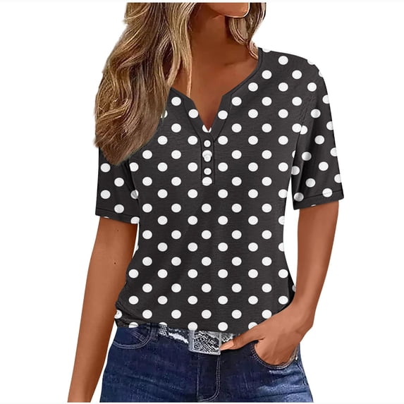 Lenpel T-Shirts for Women Trendy Short Sleeve Quarter Button V Neck Printed Tunic Tops Summer Casual Tees