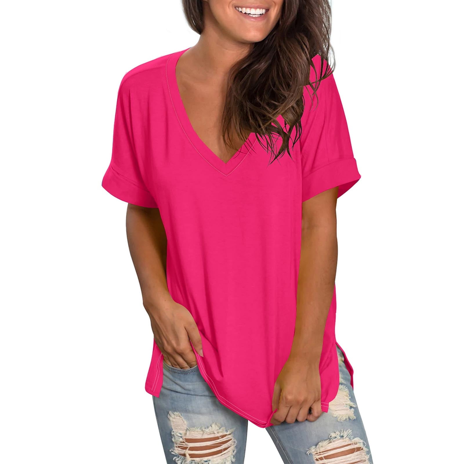 Lenpel T Shirts for Women Trendy Summer Short Sleeve V Neck Side Split ...