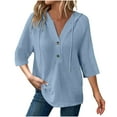 thumbnail image 1 of Lenpel T Shirts for Women 3/4 Length Sleeve Quarter Button V Neck Textured Hoodies Casual Loose Hooded Blouses, 1 of 5