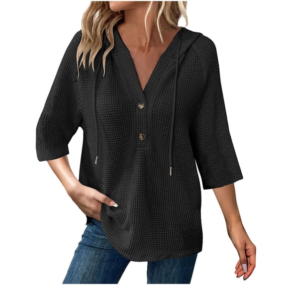 Lenpel T Shirts for Women 3/4 Length Sleeve Quarter Button V Neck Textured Hoodies Casual Loose Hooded Blouses