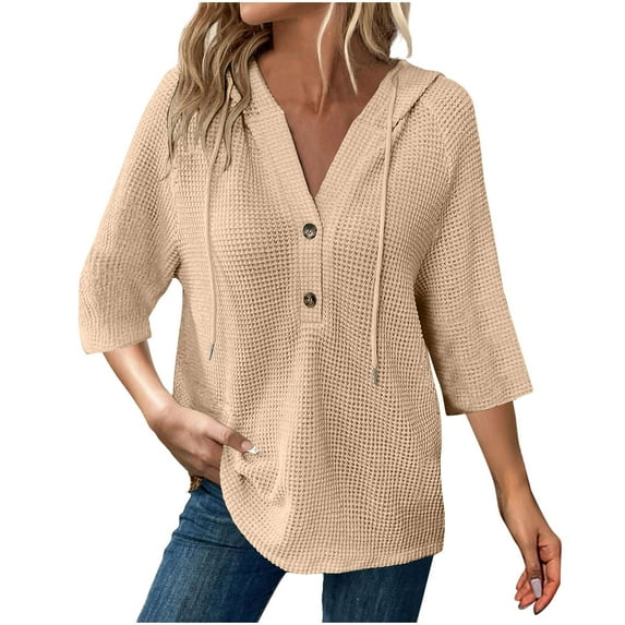 Lenpel T Shirts for Women 3/4 Length Sleeve Quarter Button V Neck Textured Hoodies Casual Loose Hooded Blouses