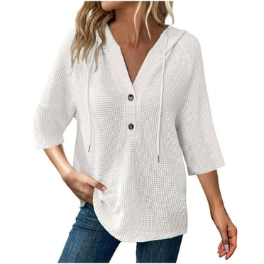 Lenpel T Shirts for Women 3/4 Length Sleeve Quarter Button V Neck Textured Hoodies Casual Loose Hooded Blouses