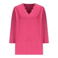 thumbnail image 1 of Lenpel T Shirts for Women 3/4 Length Sleeve Scalloped V Neck Solid Color Tunic Tops Casual Loose Tee Blouses(Hot Pink,3X-Large), 1 of 5
