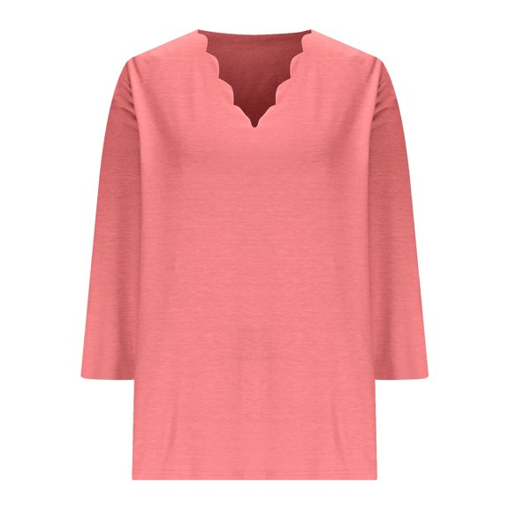 Lenpel T Shirts for Women 3/4 Length Sleeve Scalloped V Neck Solid Color Tunic Tops Casual Loose Tee Blouses(Watermelon Red,Large)