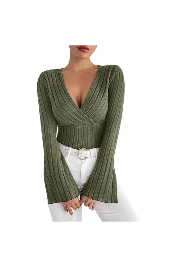 T Shirts for Women Bell Long Sleeve Wrap Deep V Neck Slim Ribbed Knit Tunic Tops Soft Casual Tee Blouses(Army Green,X-Small)