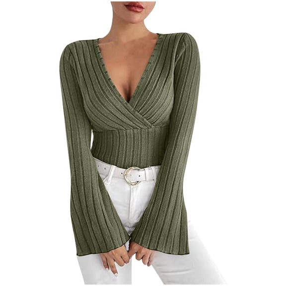 Lenpel T Shirts for Women Bell Long Sleeve Wrap Deep V Neck Slim Ribbed Knit Tunic Tops Soft Casual Tee Blouses(Army Green,X-Small)