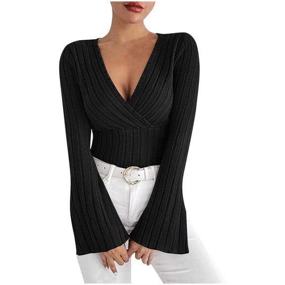 Lenpel T Shirts for Women Bell Long Sleeve Wrap Deep V Neck Slim Ribbed Knit Tunic Tops Soft Casual Tee Blouses(Black,X-Small)