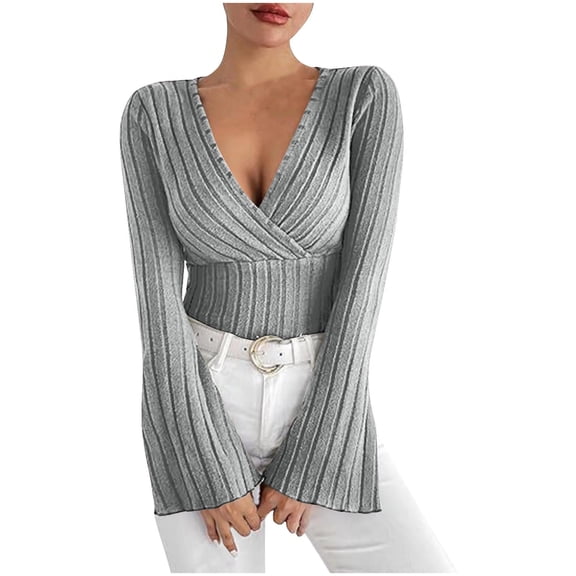 Lenpel T Shirts for Women Bell Long Sleeve Wrap Deep V Neck Slim Ribbed Knit Tunic Tops Soft Casual Tee Blouses(Gray,Medium)