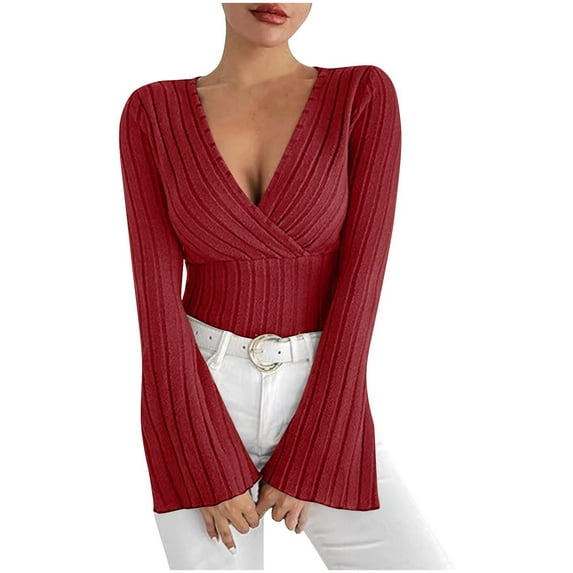 Lenpel T Shirts for Women Bell Long Sleeve Wrap Deep V Neck Slim Ribbed Knit Tunic Tops Soft Casual Tee Blouses(Wine,X-Large)