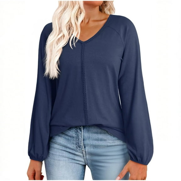 Lenpel T Shirts for Women Dressy Casual Lantern Long Sleeve V Neck Lace Trim Solid Color Tunic Tops Loose Tee Blouses(Blue,Small)