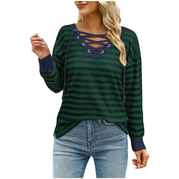 Lenpel T Shirts for Women Fall Long Sleeve V Neck Color Block Stripped Trendy Tops Casual Tunic Shirts