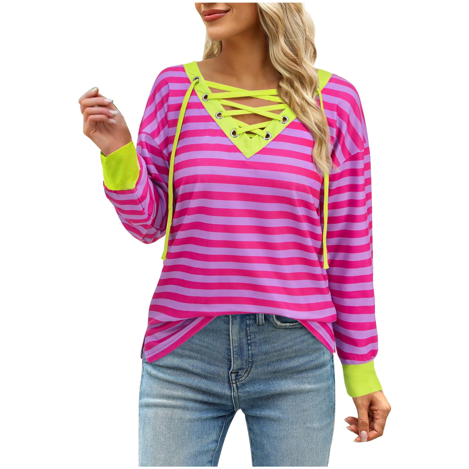 Lenpel T Shirts for Women Fall Long Sleeve V Neck Color Block Stripped ...