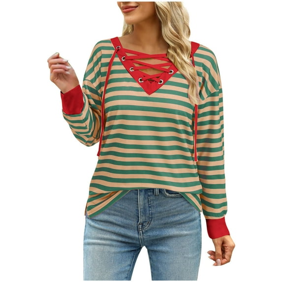 Lenpel T Shirts for Women Fall Long Sleeve V Neck Color Block Stripped Trendy Tops Casual Tunic Shirts