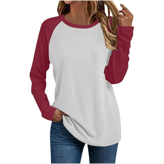 Lenpel T Shirts for Women Fashion Long Sleeve Crew Neck Color Block Casual Loose Tunic Tops Basic Tee Blouses(Red,3X-Large)