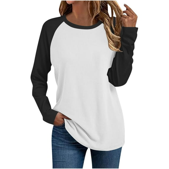 Lenpel T Shirts for Women Fashion Long Sleeve Crew Neck Color Block Casual Loose Tunic Tops Basic Tee Blouses(White,X-Large)