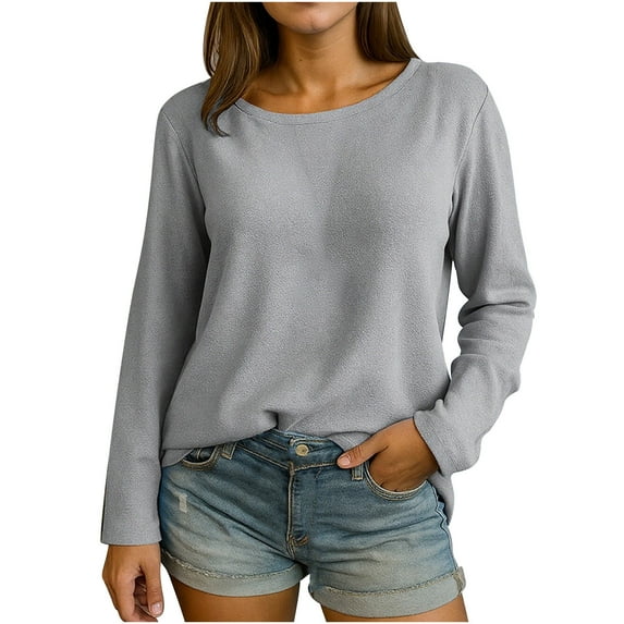 Lenpel T Shirts for Women Fashion Long Sleeve Crew Neck Solid Color Basic Tee Tops Loose Casual Tunic Blouses(Gray,3X-Large)