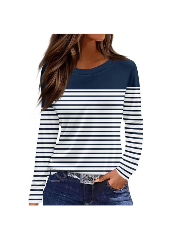 T Shirts for Women Long Sleeve Crew Neck Side Split Striped Tunic Tops Loose Blouses Soft Casual Tees(Navy,XX-Large)