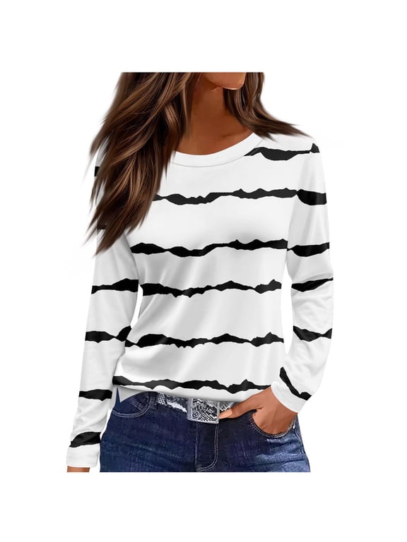 T Shirts for Women Long Sleeve Crew Neck Side Split Striped Tunic Tops Loose Blouses Soft Casual Tees(White,X-Large)
