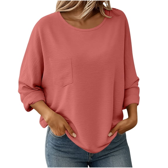 Lenpel T Shirts for Women Long Sleeve Crew Neck Solid Color Loose Tunic Tops Casual Tee Blouses with Pocket(Watermelon Red,X-Large)