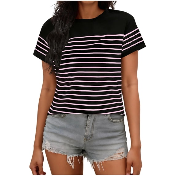 Lenpel T Shirts for Women Short Sleeve Crew Neck Striped T-Shirts Loose Tunic Tops Trendy Casual Tee Blouses
