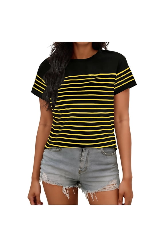 T Shirts for Women Short Sleeve Crew Neck Striped T-Shirts Loose Tunic Tops Trendy Casual Tee Blouses