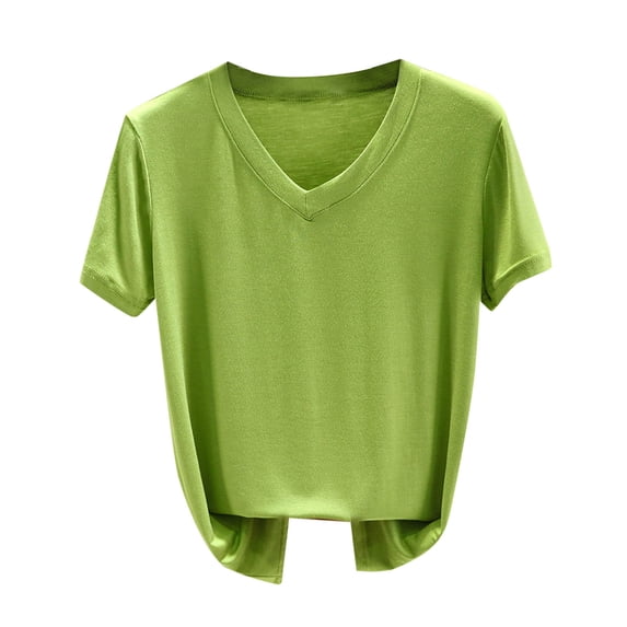 Lenpel T Shirts for Women Soft Comfy V Neck Short Sleeve Solid Color Loose Basic Casual Tees Sleepwear Pajama Tops