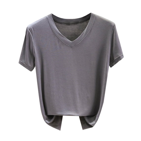 Lenpel T Shirts for Women Soft Comfy V Neck Short Sleeve Solid Color Loose Basic Casual Tees Sleepwear Pajama Tops