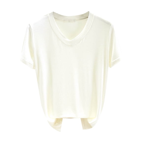 Lenpel T Shirts for Women Soft Comfy V Neck Short Sleeve Solid Color Loose Basic Casual Tees Sleepwear Pajama Tops