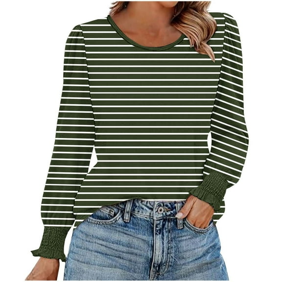 Lenpel T Shirts for Women Trendy Pleated Ruffle Long Sleeve Crew Neck Striped Dressy Casual Tunic Tops Loose Tee Blouses(Army Green,X-Large)