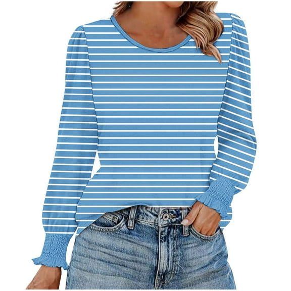 Lenpel T Shirts for Women Trendy Pleated Ruffle Long Sleeve Crew Neck Striped Dressy Casual Tunic Tops Loose Tee Blouses(Light Blue,X-Large)