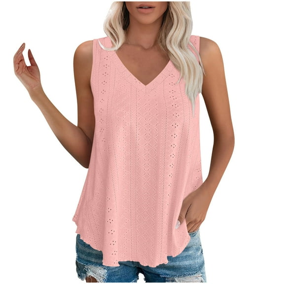 Lenpel Tank Top for Women Summer Casual V Neck Curved Hem Eyelet Embroidered Sleeveless T Shirts Loose Tunic Blouses