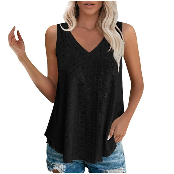 Lenpel Tank Top for Women Summer Casual V Neck Curved Hem Eyelet Embroidered Sleeveless T Shirts Loose Tunic Blouses