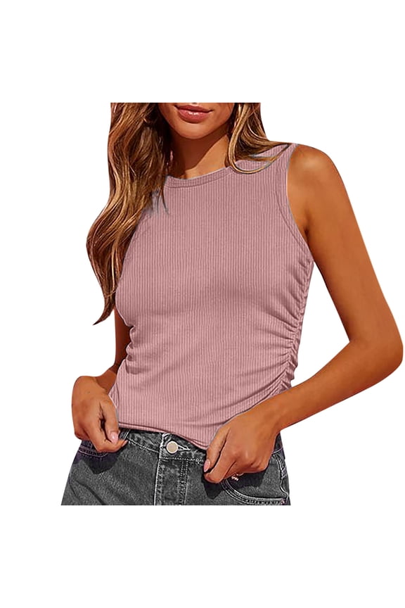Tank Tops for Women Summer Casual Plus Size Crew Neck Side Ruched Ribbed Knit Slim Sleeveless T Shirts Camisole Basic Tees