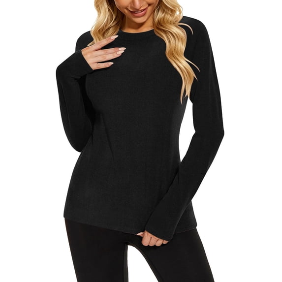 Lenpel Thermal Shirts for Women Soft Long Sleeve Crew Neck Fleece Lined Base Layer Tops Winter Warm Undershirts Fall Fashion Tees(Black,Large)
