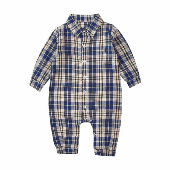 Lenpel Toddler Baby Boys' Plaid Jumpsuits Newborn Infant Long Sleeve Collared Button down Shirt Rompers One Piece Outfits(Blue,18-24 Months)