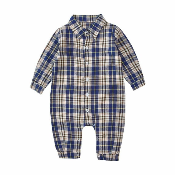 Lenpel Toddler Baby Boys' Plaid Jumpsuits Newborn Infant Long Sleeve Collared Button down Shirt Rompers One Piece Outfits(Blue,6-12 Months)