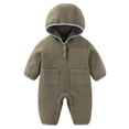 thumbnail image 1 of Lenpel Toddler Baby Fleece Jumpsuits Long Sleeve Button Fuzzy Warm Hooded Rompers Newborn Plush Snowsuits with Pockets(Army Green,1-2 Years), 1 of 3