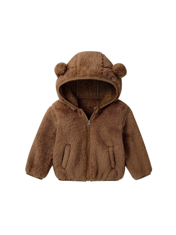 Toddler Baby Fuzzy Fleece Hoodies Boys Girls Long Sleeve Zip up Ear Hooded Sweatshirts Plush Warm Jackets(Brown,12-18 Months)
