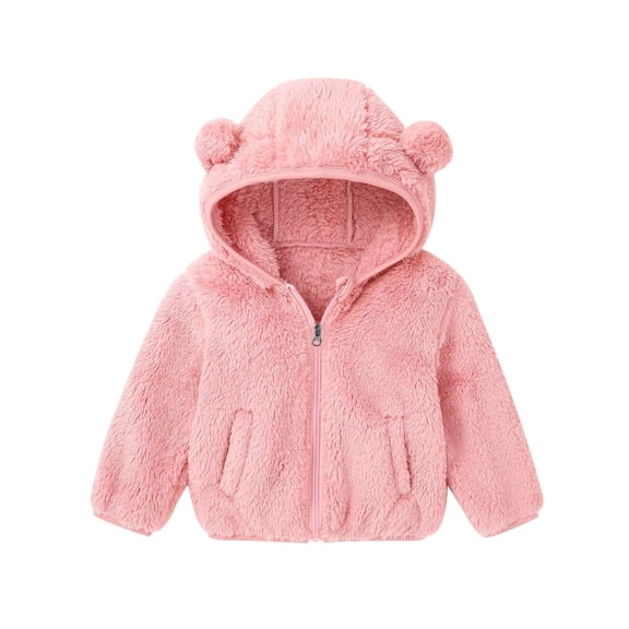 Lenpel Toddler Baby Fuzzy Fleece Hoodies Boys Girls Long Sleeve Zip up Ear Hooded Sweatshirts Plush Warm Jackets(Pink,12-18 Months)