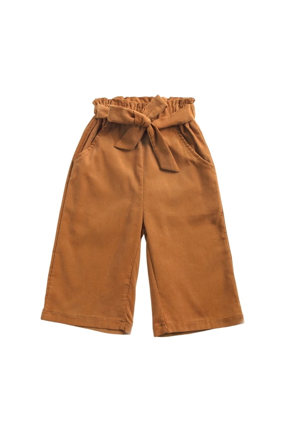 Toddler Baby Girls' Capri Pants Infant Newborn Elastic Waist Tie Front Wide Leg Corduroy Pants Cropped Casual Trousers