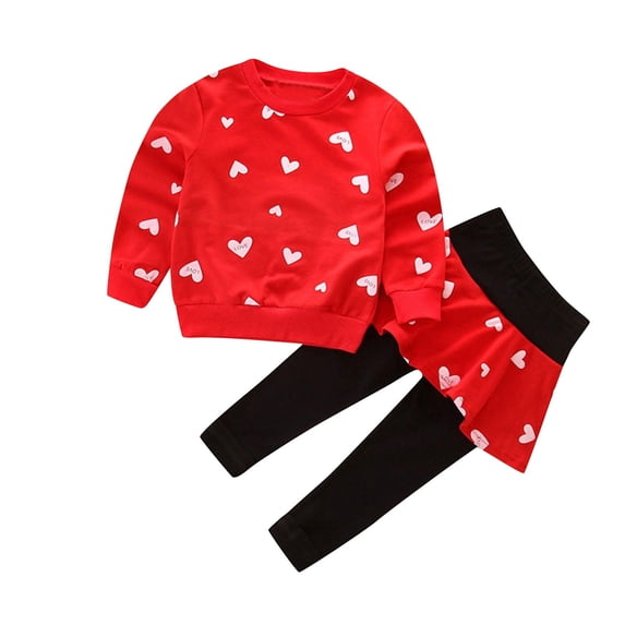 Lenpel Toddler Baby Girls' Clothing Set Long Sleeve Crew Neck Heart Print Sweatshirt Skirted Pants 2PCs Fall Outfits