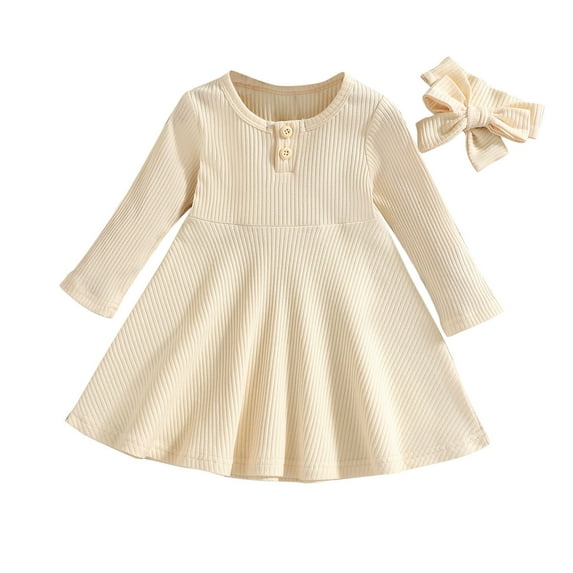 Lenpel Toddler Baby Girls' Dresses Infant cotton long sleeve crew neck Ribbed Knit A Line dresses casual fall spring outfits