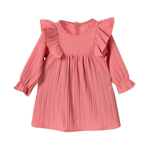 Lenpel Toddler Baby Girls' Dresses Ruffle Long Sleeve Crew Neck Solid Color Textured A-Line Casual Dress Soft Cotton Dress 0-6 Years