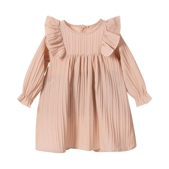 Lenpel Toddler Baby Girls' Dresses Ruffle Long Sleeve Crew Neck Solid Color Textured A-Line Casual Dress Soft Cotton Dress 0-6 Years