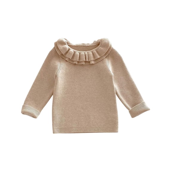 Lenpel Toddler Baby Girls' Sweaters Long Sleeve Crew Neck Ruffle Collared Pullover Knit Tops Infant Newborn Clothes(Khaki,8-12 Months)