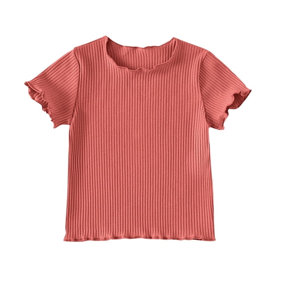 Lenpel Toddler Baby Girls' T-Shirts Ruffle Crew Neck Short Sleeve Solid Color Ribbed Tee Tops Summer Casual Blouses